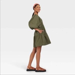 A New Day puff sleeve tiered mini dress in military olive green, Size S